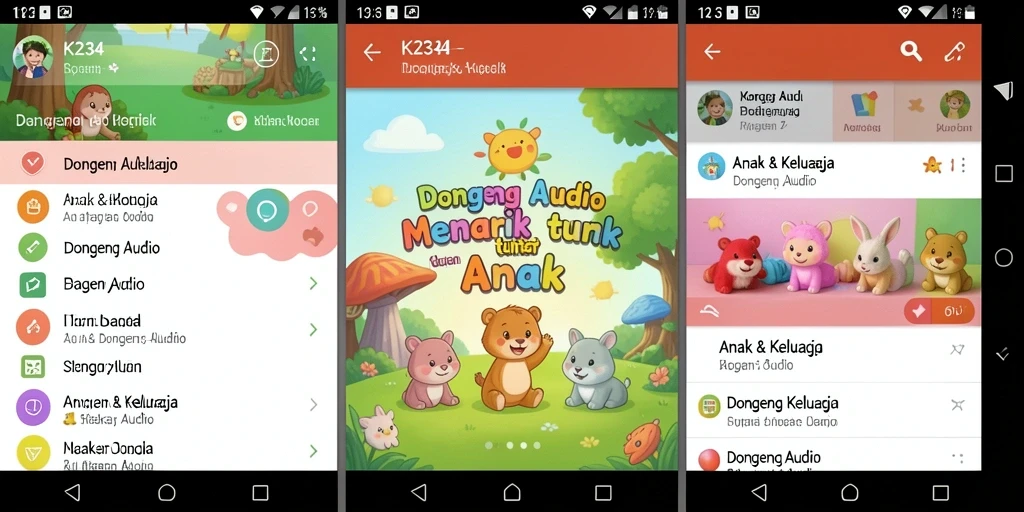 Antarmuka aplikasi K234 yang menampilkan berbagai cerita dongeng audio.